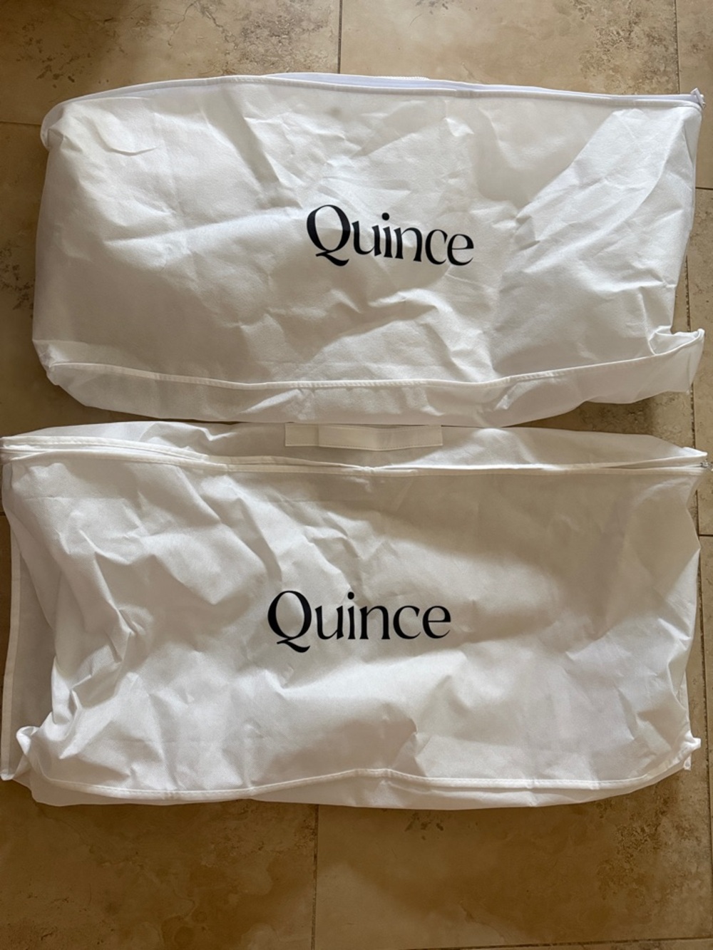 EUC Set of 2️⃣ Quince White Fabric King Size Pillow Storage Bags with Black Logo